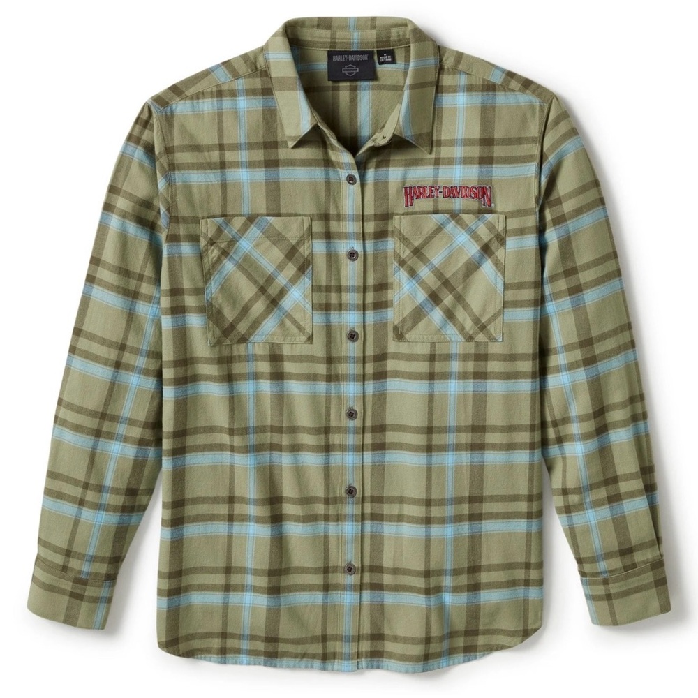 Preowned Women's Harley-Davidson Green Flannel Eagle Patch Button-Up Shirt Sz M